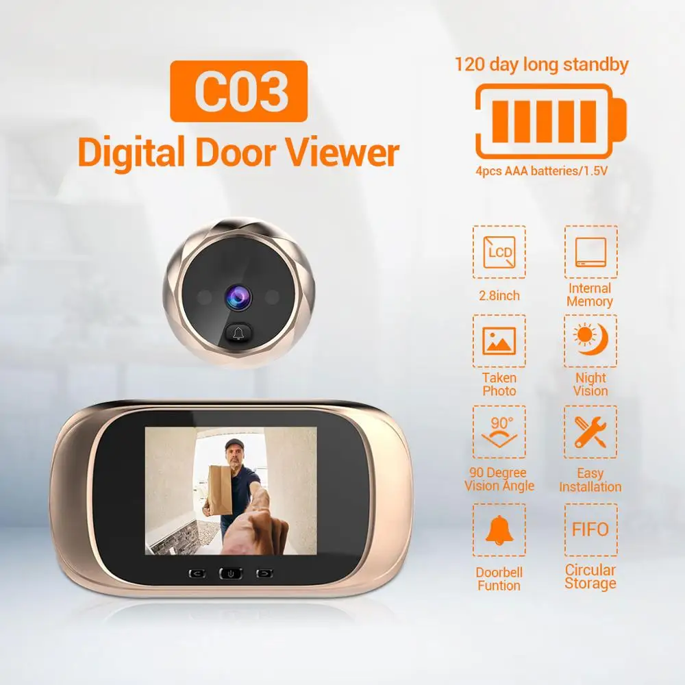 

2.8 inch HD LCD Display 90 Degree Wide Angle 720P Visual Video Doorbell Long Time Standby Peephole Viewer Door Camera