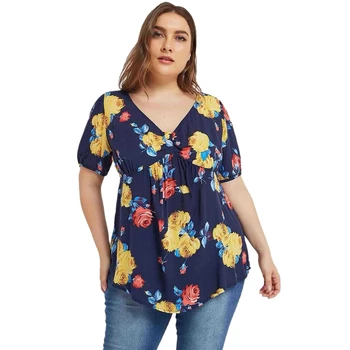 

Summer Women's Blouse Plus Size Sexy V Neck Floral Print Short Sleeve Tops and Blouse