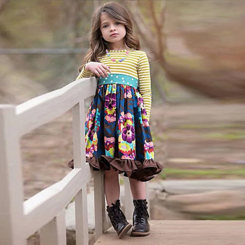 NEW INS Girls Fashion Dress Floral Pastoral Style Striped Long-sleeved Dress England Sweet Princess For 3-12 Year Girl