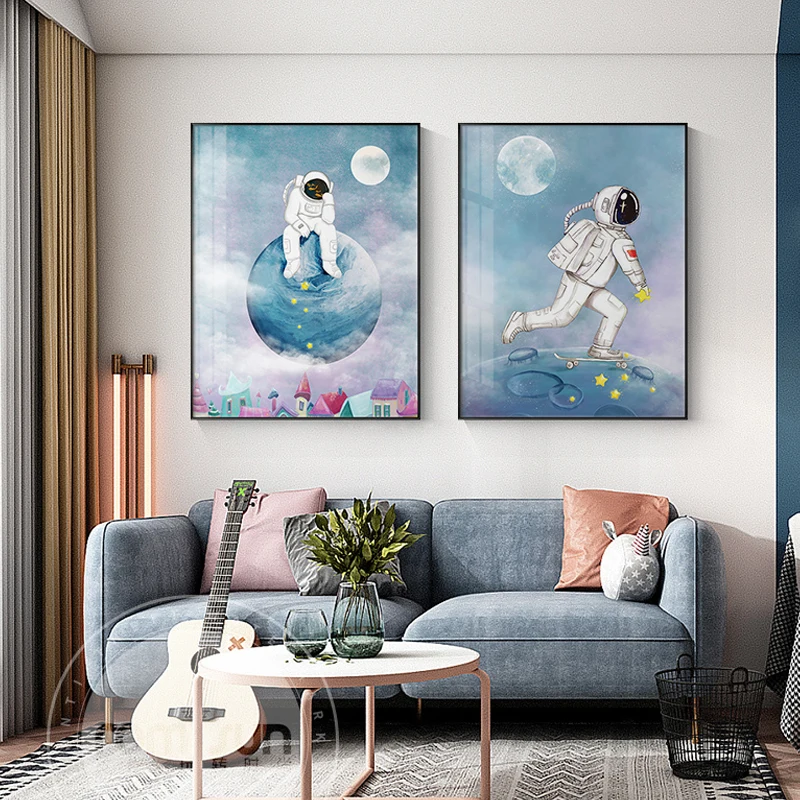 

Abstract Nordic Blue Astronaut Poster and Print Modern Children's Canvas Painting Unique Wall Art for Living Room Aisle HD Decor