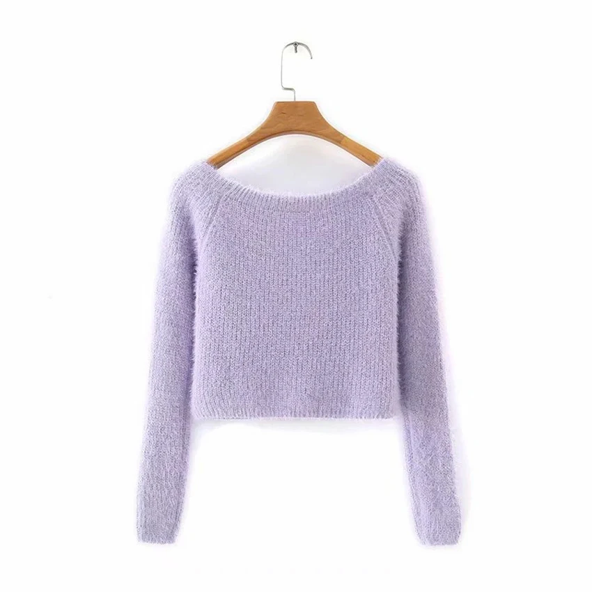 New Winter Purple Woman Cardigan Sweaters Tops Knitted Soft Long Sleeve Sweater V-neck Short Mohair Cardigans Fall Femme 2020