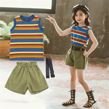 

Girls Rainbow Striped T-shirts Shorts Girls Clothing Set Summer Kids Vest Baby Girls Clothes Outfits 3 4 5 6 7 8 9 10 11 12 14T