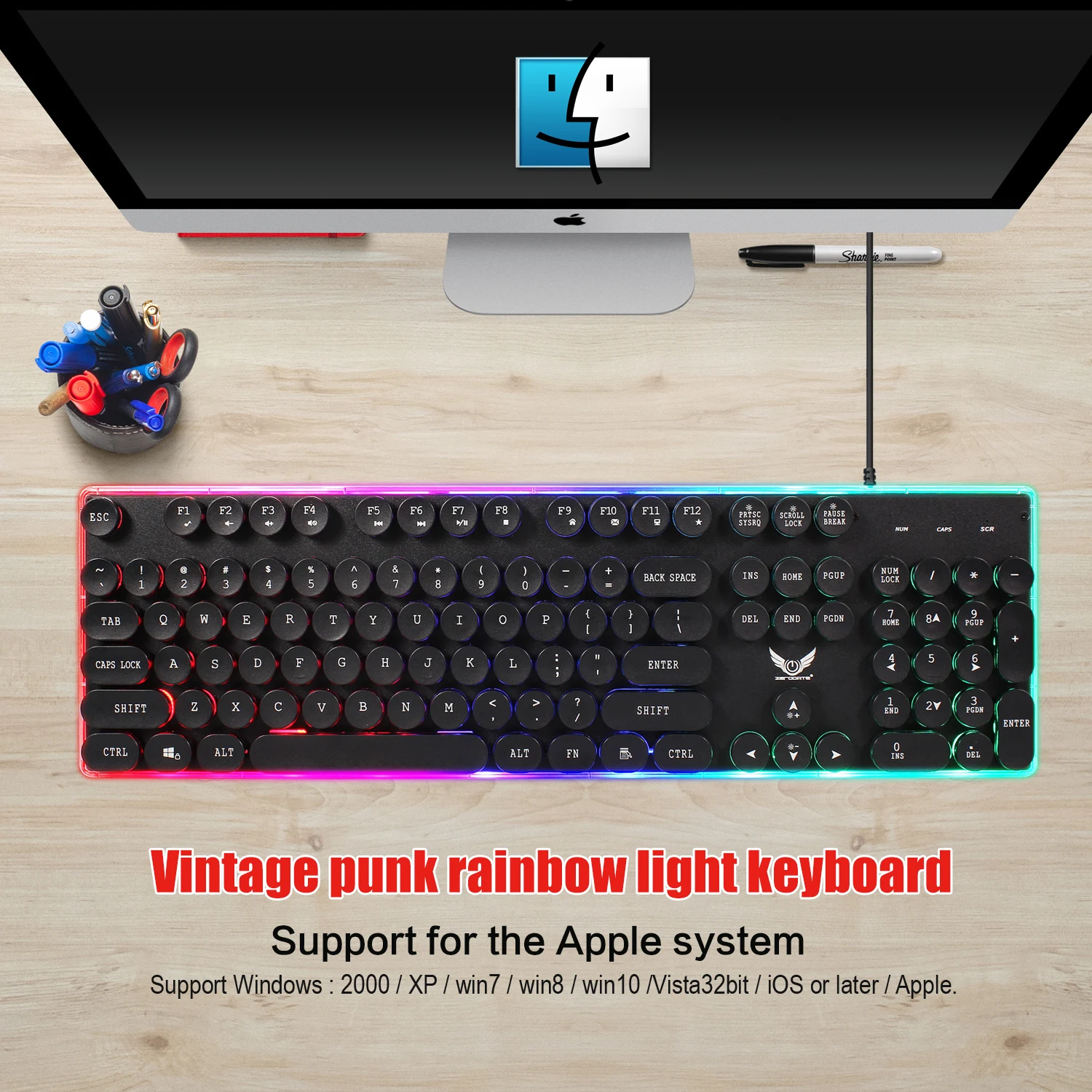 New Gaming Keyboard 3 Color Backlit English Keyboard Punk Keycap Retro Style RGB Office Desktop Keyboard 104keys