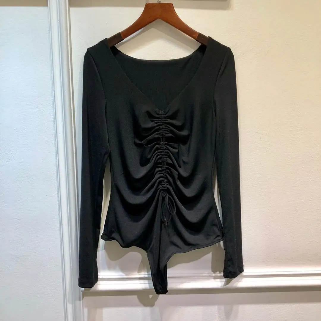 

2019 ladies fashion long-sleeved sexy V-neck drawstring jumpsuit 0821