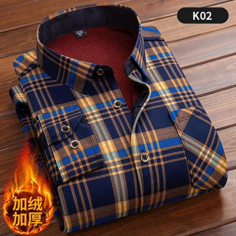 2022 Winter Mens Fashion Thicking Warm Long Sleeve Print Plaid Shirt Male Business Casual Fleece Lined Soft Flannel Dress Shirts mens short sleeve button down