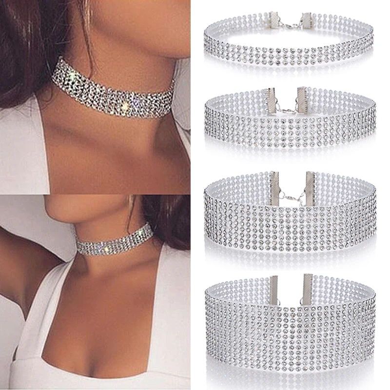 Fashion Jewelry Women Punk Hip Hop Bundle Neck Element Mesh Choker Necklace Inlay Rhinestone Crystal Lobster Clasp Collar