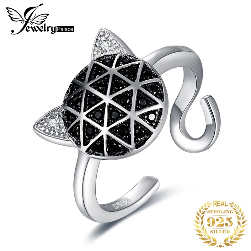 JewelryPalace Подлинная Черная шпинель кубического циркония кошка лицо регулируемое Открытое кольцо 925 пробы