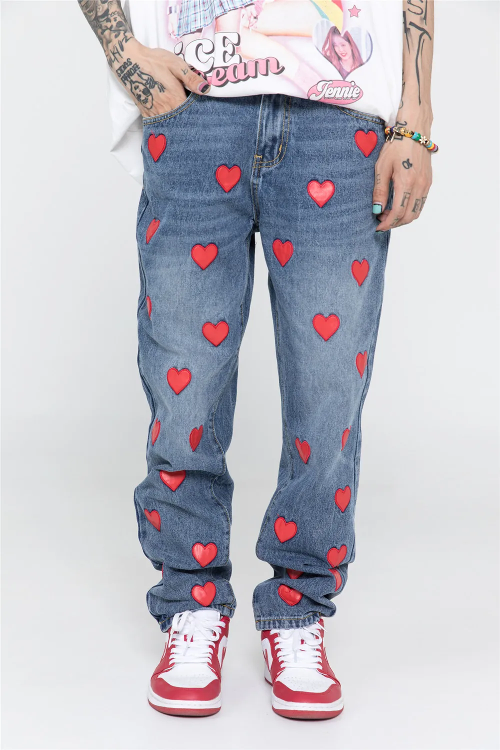 Dark Icon Leather Heart Denim Jeans Men 