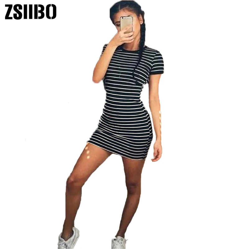 Round Neck Black And White Striped Elegant Sheath Slim short women Dress