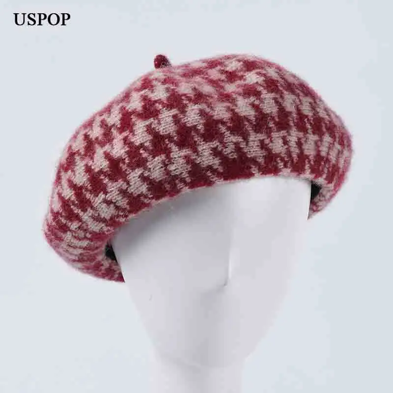 Новый модный шерстяной берет USPOP зимний женский плотный клетчатые мягкие