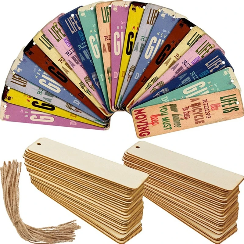 Wood Bookmark Bulk Blank Bookmarks with Ropes Wooden Book Markers Rectangle Thin Hanging Tag Holes for DIY |