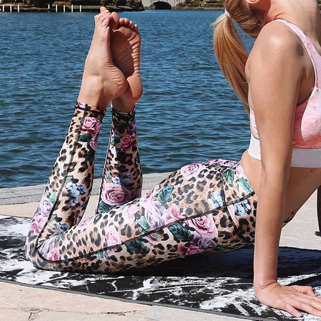

gym leggings seamless Women Fashion Leopard Rose Print Zipper Vest Tank Pants Sports Yoga Suit #D
