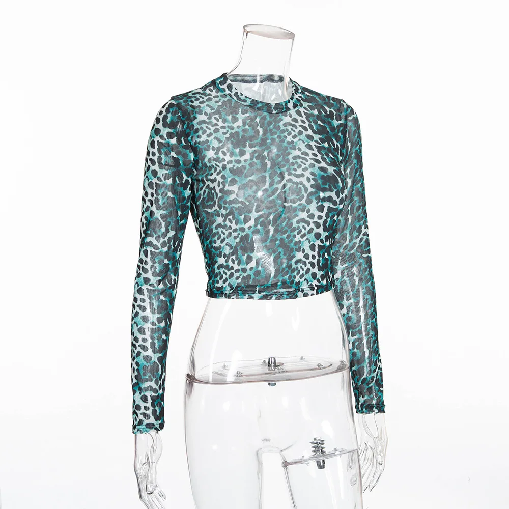 Sexy Leopard Print Long Sleeve Navel Slim T-Shirt Women