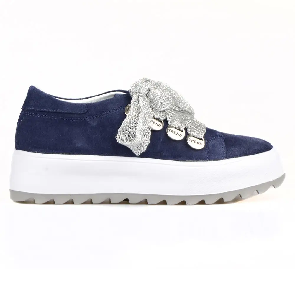 

FootCourt Dark Blue Suede Genuine Leather Women High Heeled Sneakers Lace Up Sport Shoes Thick Soles Casual Chunky Sole Sneaker