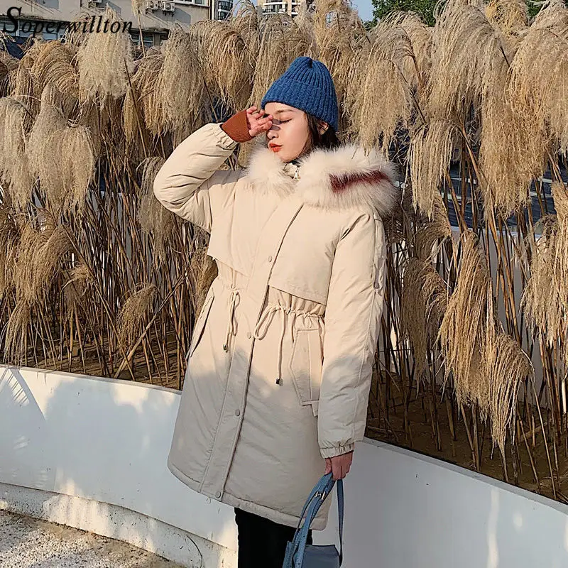 2019 Women Winter Jacket New Arrival Large Fur Collar Hooded Long Coat Cotton Padded Warm Parka Female Loose Korean Outerwear | Женская