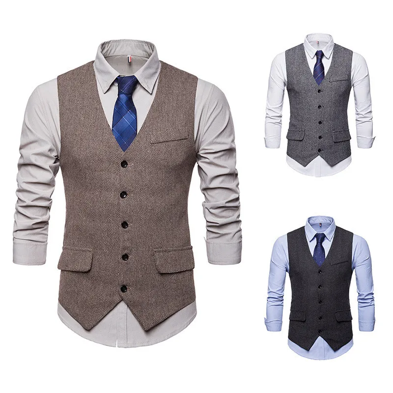 

Brown Wool Herringbone Tweed Vests Slim Mens Suit Vests Custom Made Sleeveless Suit Jacket Mens Dress Wedding Waistcoat S203