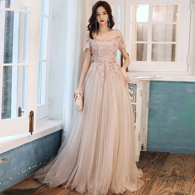 Evening Dresses Boat Neck Appliques Beading Short Sleeves A-line Floor-length Lace Lady Plus size Khaki Formal Party Dress A121 | Свадьбы и