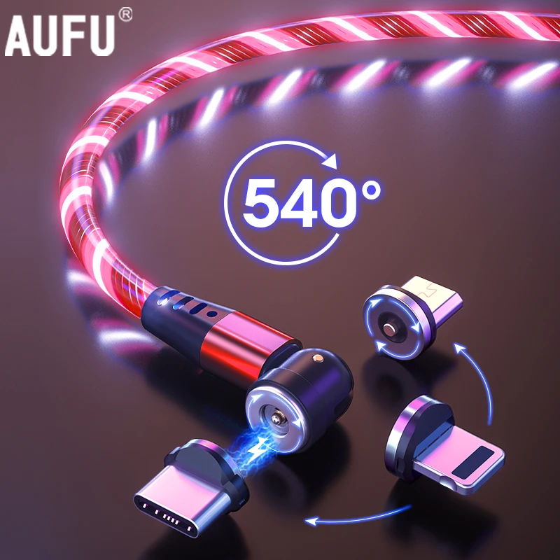 AUFU-Cable USB magnético de carga de luz LED, Cable magnético tipo C, Micro cargador para iPhone, Huawei y Samsung