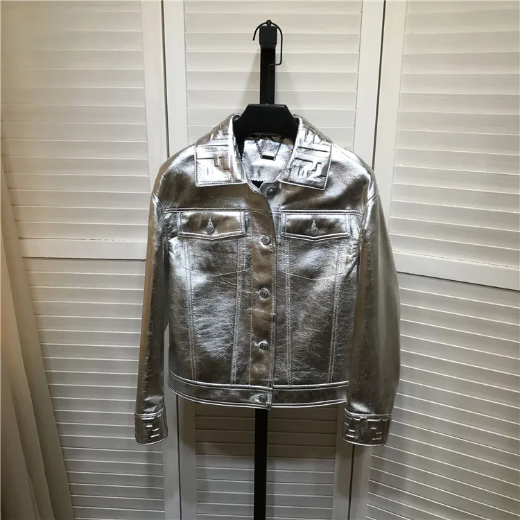 

real genuine sheep leather moter jacket short coat 2020 fashion silver color shiny leather