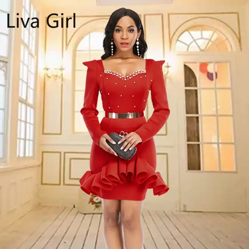 Abito rosso autunnale abito da sera Sexy a maniche lunghe a maniche lunghe  con perline a maniche lunghe da donna strati da ufficio abiti corti con  volant|Dresses| - AliExpress