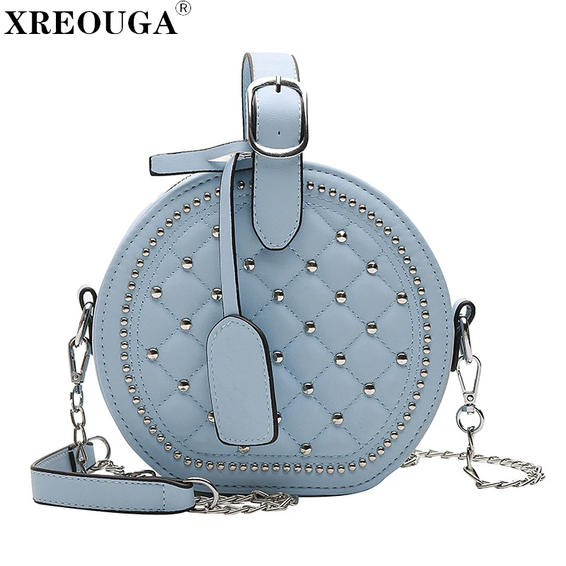 

Fashion Small Round Rivet Chains Handbag Shoulder Bag Tote Lady Plaid Bag Circle Messenger High Quality Shoulder Bags Sac Mujer