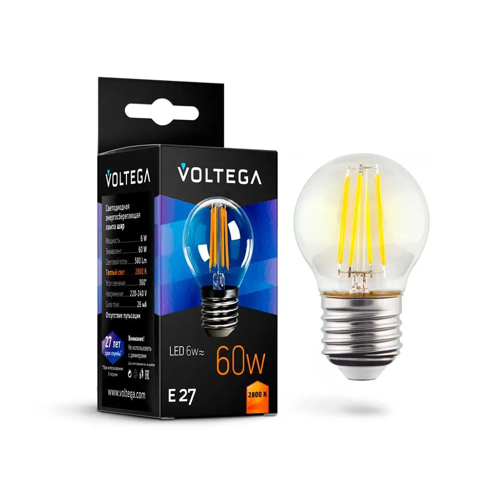 Лампочка VOLTEGA Шар Е27 2800К 6W | Освещение