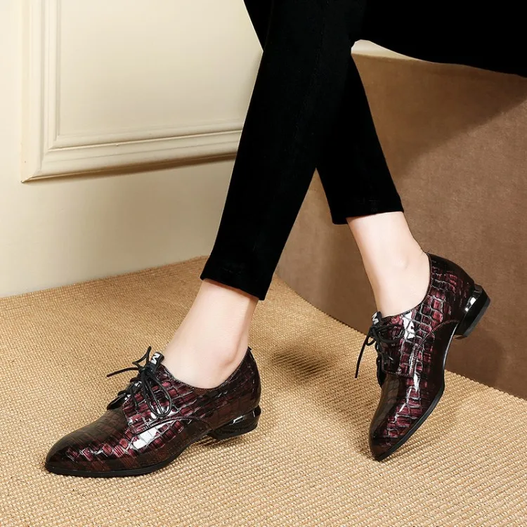 

Western Style Autumn Hot Selling Full-grain Leather Lace up Front Solid Color Chunky Low Heel Women's round-Toe Fashion Shoes