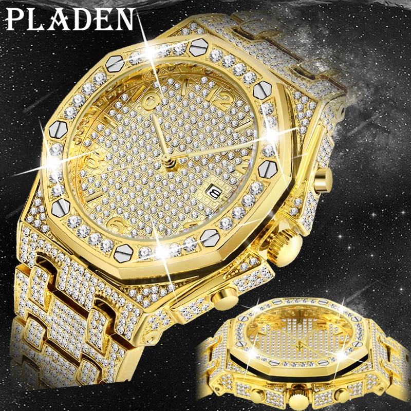 PLADEN Men's Watch Top Brand Man Quartz Automatic Date Triple Crown Watches 18K Gold Hip Hop Orologio Uomo 2021 New Year‘s Gift