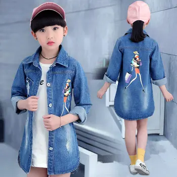 

Vintage Kids Denim Jacket For Girls Cartoon Beauty Print Baby Long Denim Jacket Teens Retro long Jeans Trench Coat High Quality