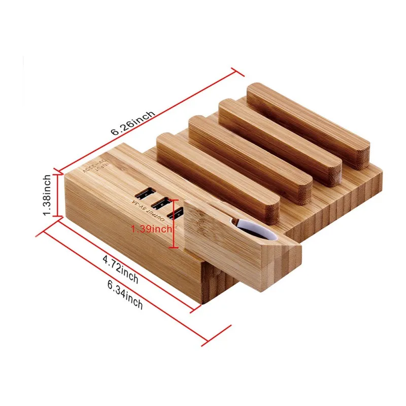  4 Slot 3 USB Ports Charging Station Phone Tablet Desk Wooden Charger Fast Charging Dock Station