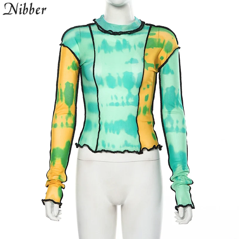 Nibber/модные сетчатые топы с разноцветным принтом и рюшами; Женские базовые T-shirts2019autumn; горячая распродажа; тонкие уличные повседневные футболки; mujer - Цвет: Зеленый