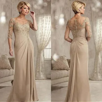 

Wholesale Nude Lace Plunge V Neckline Mother of the Bride Dresses With Three Quarter Sleeves Wedding Guest Dress Pleating