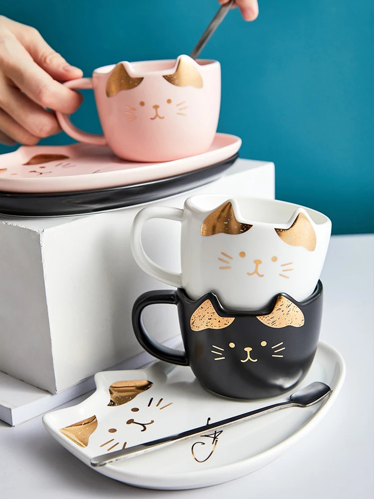 Ceramic Cute Cartoon Cat Coffee Mug Set Animal Breakfast Milk Tea Cup With  Dessert Tray Creative Office Drinkware Novelty Gifts - AliExpress