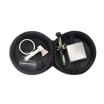 

5 Pieces Portable Smoking Set Smoke Pipe Tube Glass Storage Bottle Small Metal Axe Glass Piece Black Storage Container Box