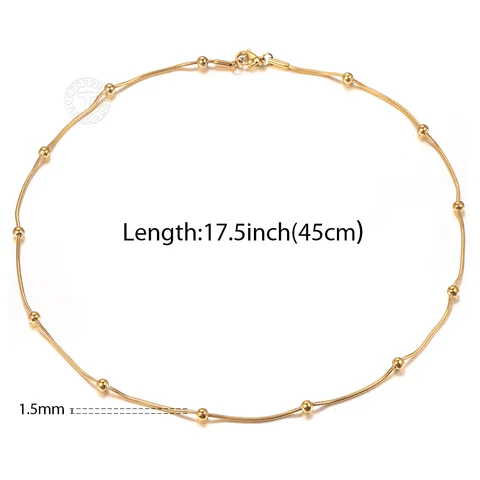 Women's Round Beaded Snake Chain Necklace Gold Stainess Steel Anti Allergy Metal Minimalist Choker Jewelry 45cm DN313