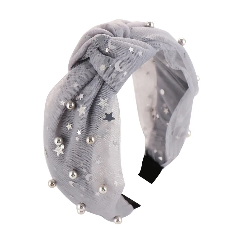 Gray Mesh beaded Star embellishment Women Headband Ladies Wide-side knotted headband hairpin hairpin Elegant Female Hair Accessories - Цвет: Gray