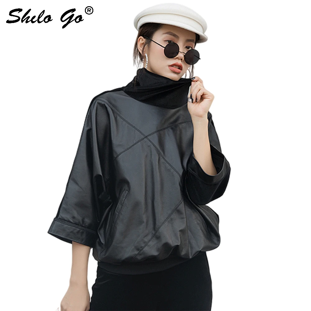 

Genuine Leather Sweatshirts Casual Turtleneck Drop Shoulder Flare Sleeve Sheepskin Tops Women Autumn Winter Highstreet Outwear