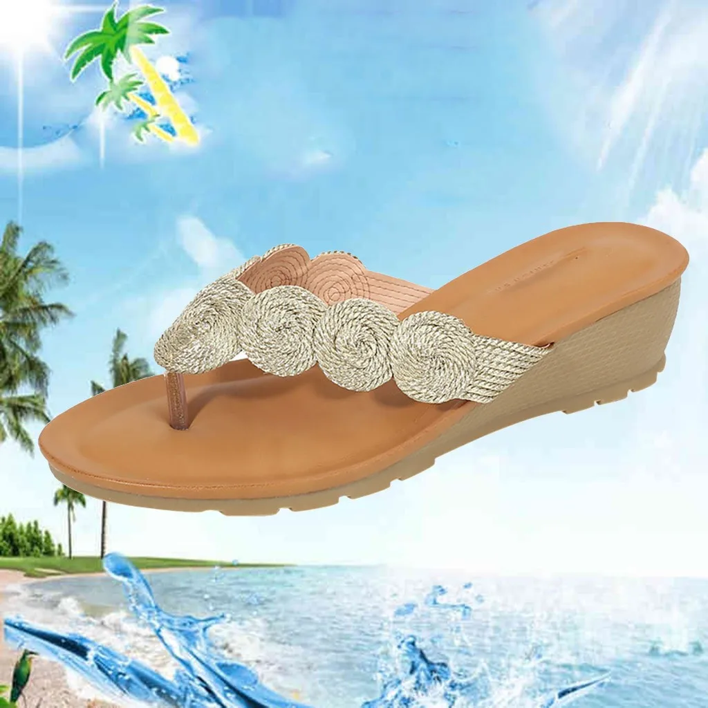 

Women Slippers Beach Knitted Coil Wedges Heels Flip-flop Comfort Fashion Shoes Flip Flops Female Comfy Flat Soft beach Slippers