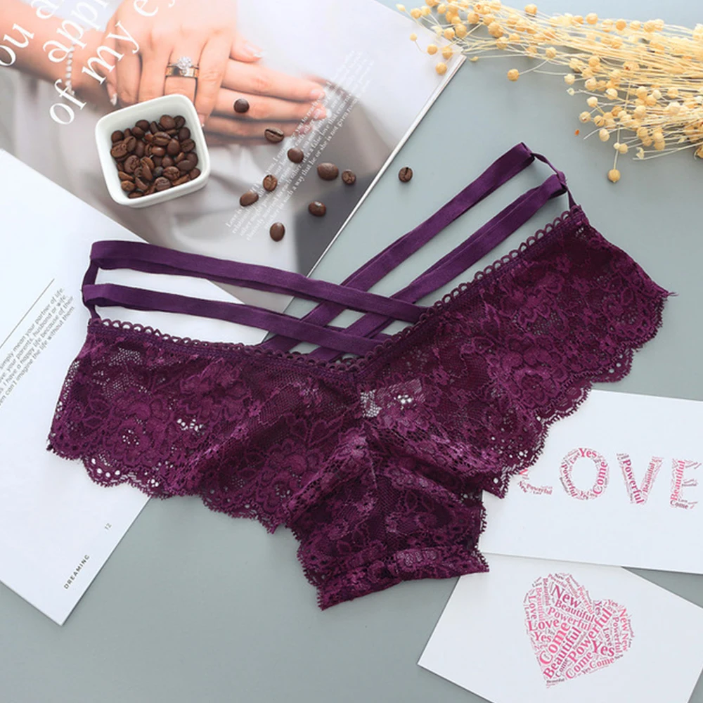 Women Sexy Panties Lace Low-rise Solid Sexy Briefs Female Underwear Pant Ladies Cross strap lace Lingerie Women G String Thong - Цвет: Фиолетовый