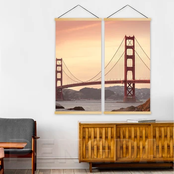 

Home Decor Print Pictures Canvas 2 Panel Golden Gate Bridge Poster Wall Art Landscape Living Room Wooden Scroll Hanging Painting