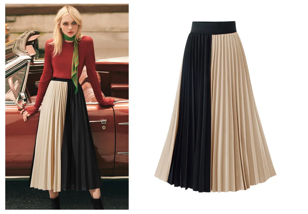 High-waisted Mid-length Mixed Colors Pleated Skirt