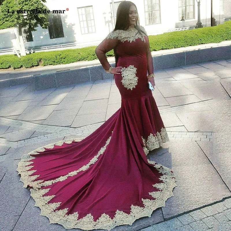 

Gold Appliques Prom Dresses Burgundy High Neck Mermaid Evening Gowns Vintage Long Sleeves Black Girls Saudi Arabic Dubai Party