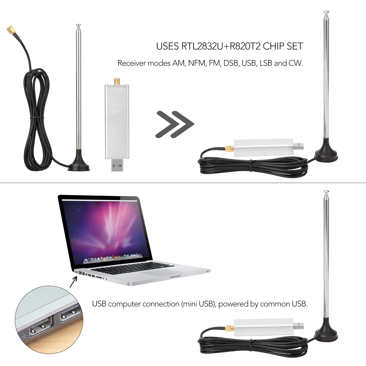 USB тюнер приемник работает с ПК RTL2832U+ R820T2 0,1 МГц-1,7 ГГц TCXO ADSB UHF VHF HF FM RTL. SDR