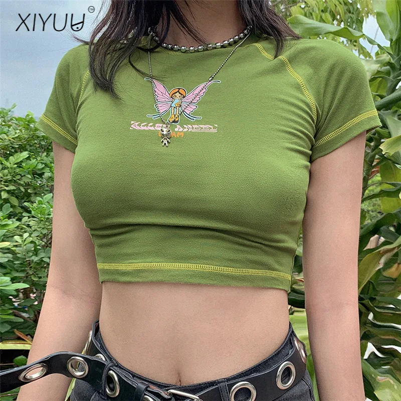 XIYUU Butterfly Graphic and Letter Printing Stitch Green Crop Tops O-neck Short Sleeve T-shirts clothes shirt vintage tee | Женская