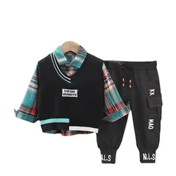 Vêtements de printemps et d'automne pour bébés garçons et filles, veste à carreaux, chemise et pantalon, survêtement décontracté pour enfants en bas âge, nouvelle collection pièces/ensembles 