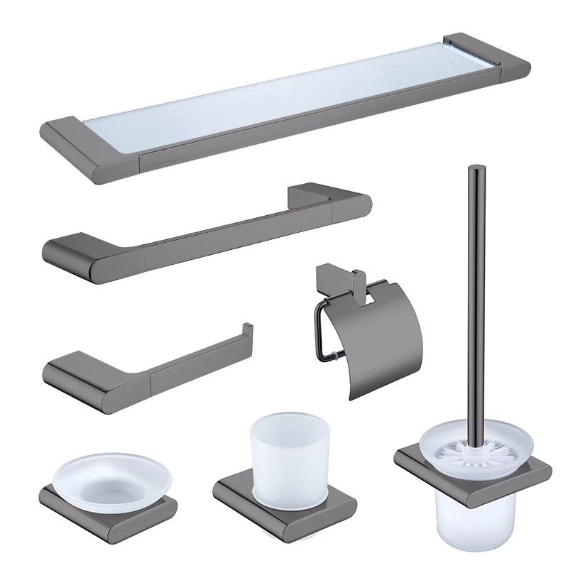 Badezimmer-Zubehör-Set, Badezimmer-Accessoires, Grau, Bademantel-Aufhänger, Handtuchhalter, Toilettenregal, Seidenpapier, Zahnbürste