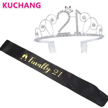 

2pcs Rose Gold Silver Princess Tiara Crown Finally 21Sash 21st 30th 40th Girl's Happy Birthday Party Decorations Gifts Favor Set
