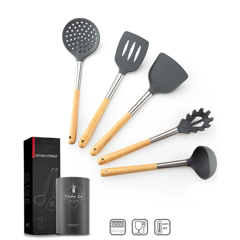 

Silicone Kitchenware Wooden handle 6pcs/set Non-stick Cooking T ools Soup spoon+ Spatula + Cooking shovel +Pasat forks+ Colander
