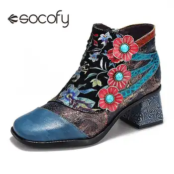 

Socofy Bohemian Style Vintage Printed Genuine Leather Autumn Winter Boots Women Block Heels Ankle Booties Zipper Ladies Boots