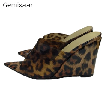 

Sexy Leopard PVC High Heel Shoes Woman Unique Wedges Pointed Toe Open Toes Runway Shoes 2020 Summer Slippers Women